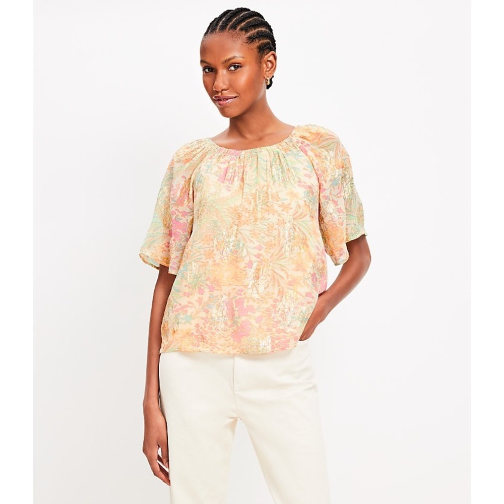 LOFT Womens Gold‎ Metallic Floral Tie Back Flutter Sleeve Blouse Peach Large